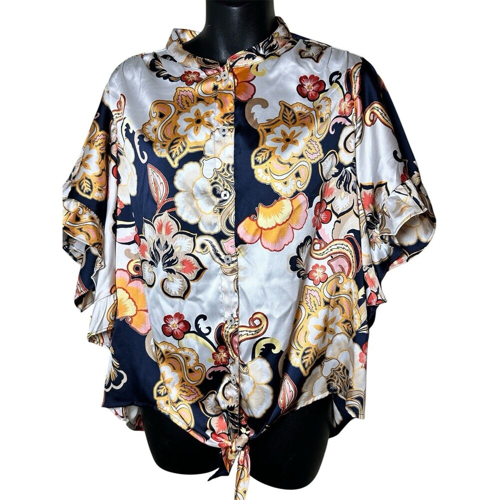 Chico’s Button Up Tie Front Satin Ruffle Sleeves Blouse Sz 1.5